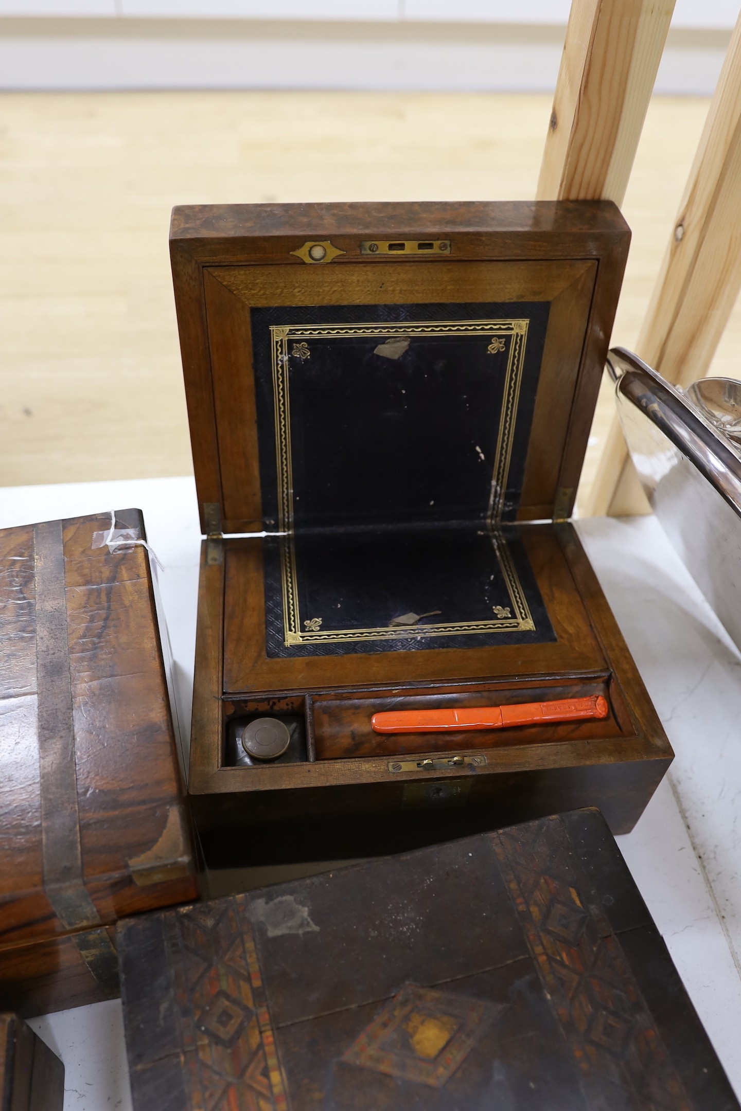 A Victorian rosewood writing slope, a similar smaller one and two boxes